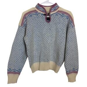 Vintage 100% Wool Alps Nordic Fair Isle Sweater Blue Cream Pullover Medium GUC